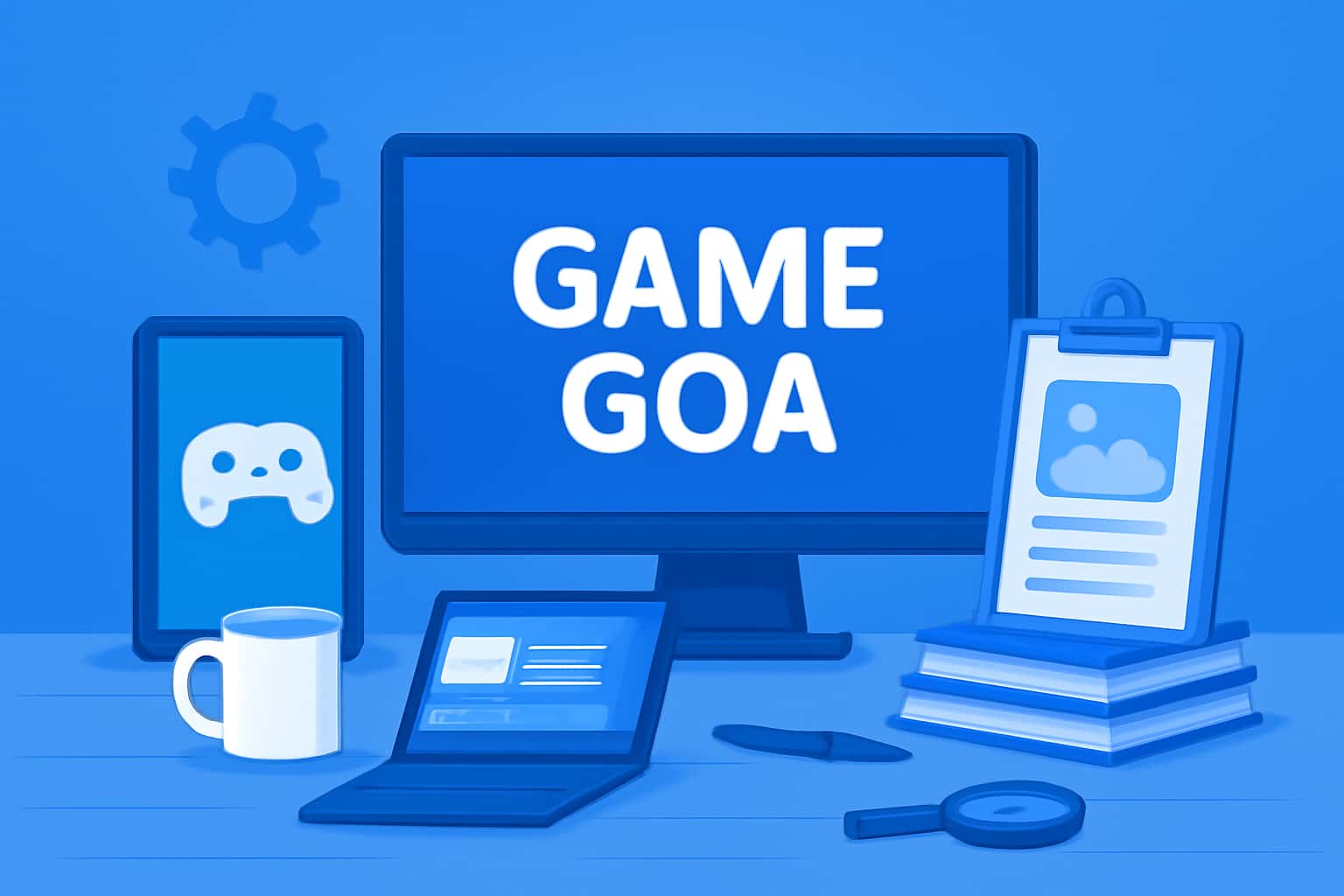 An informative scene illustrating Game Goa tools with a backdrop of technology-themed elements.